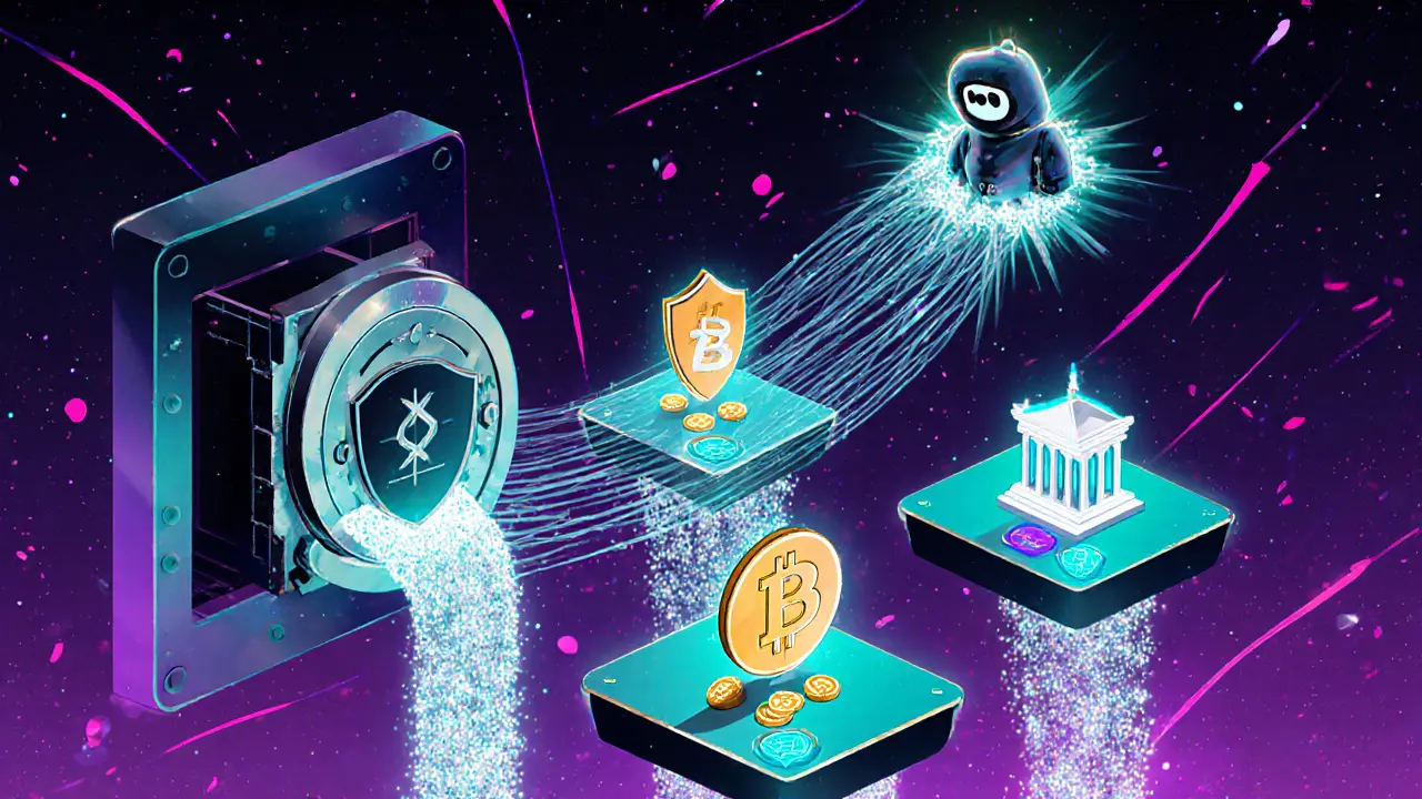 Bitcoin coins flowing into Aave, Uniswap, and RWA vaults with Chainlink robot in anime style.