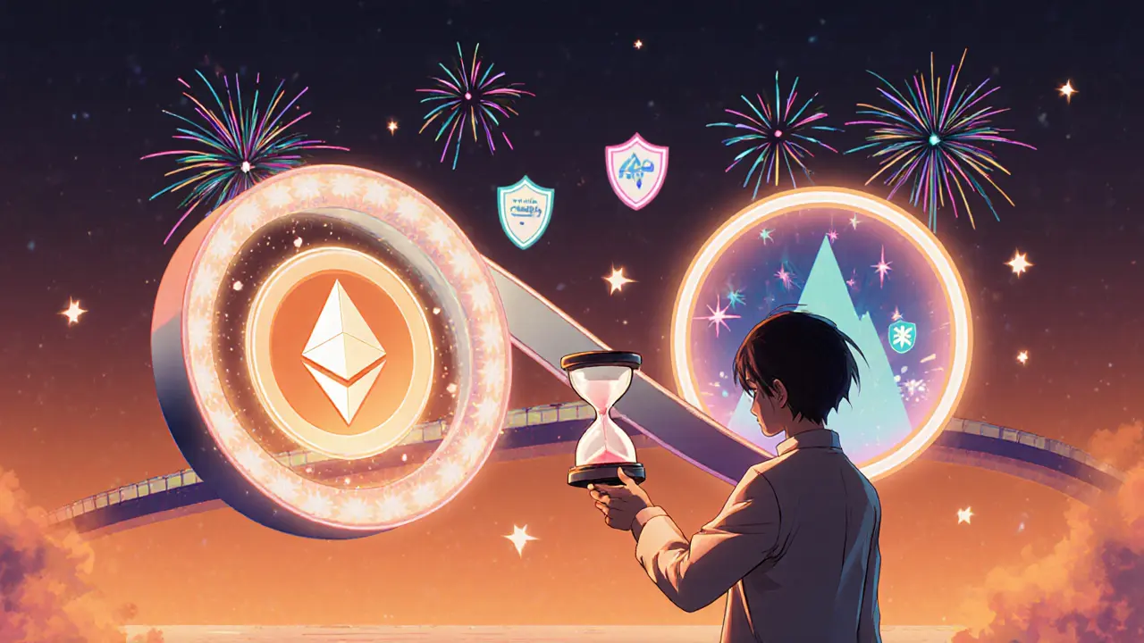 User bridging SolvBTC between chains through a glowing portal with delay and risk icons.