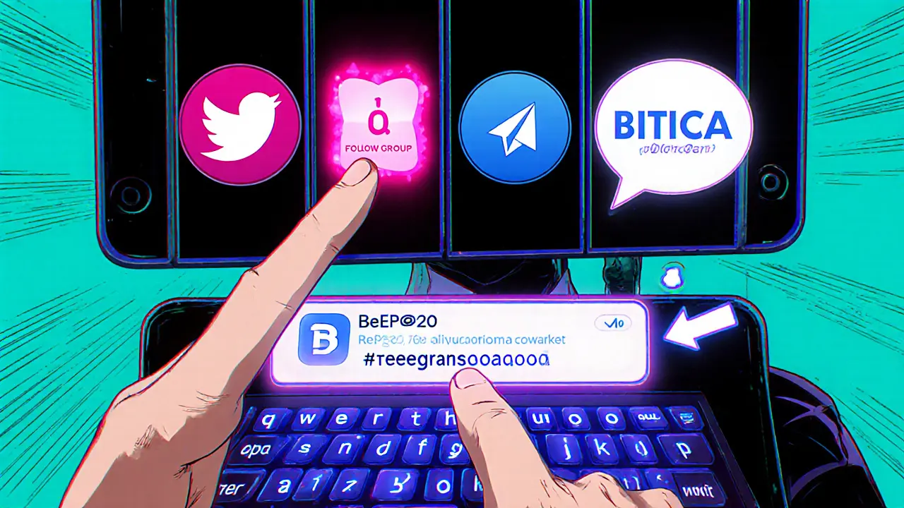 Protagonist completing social media tasks and entering a wallet address.