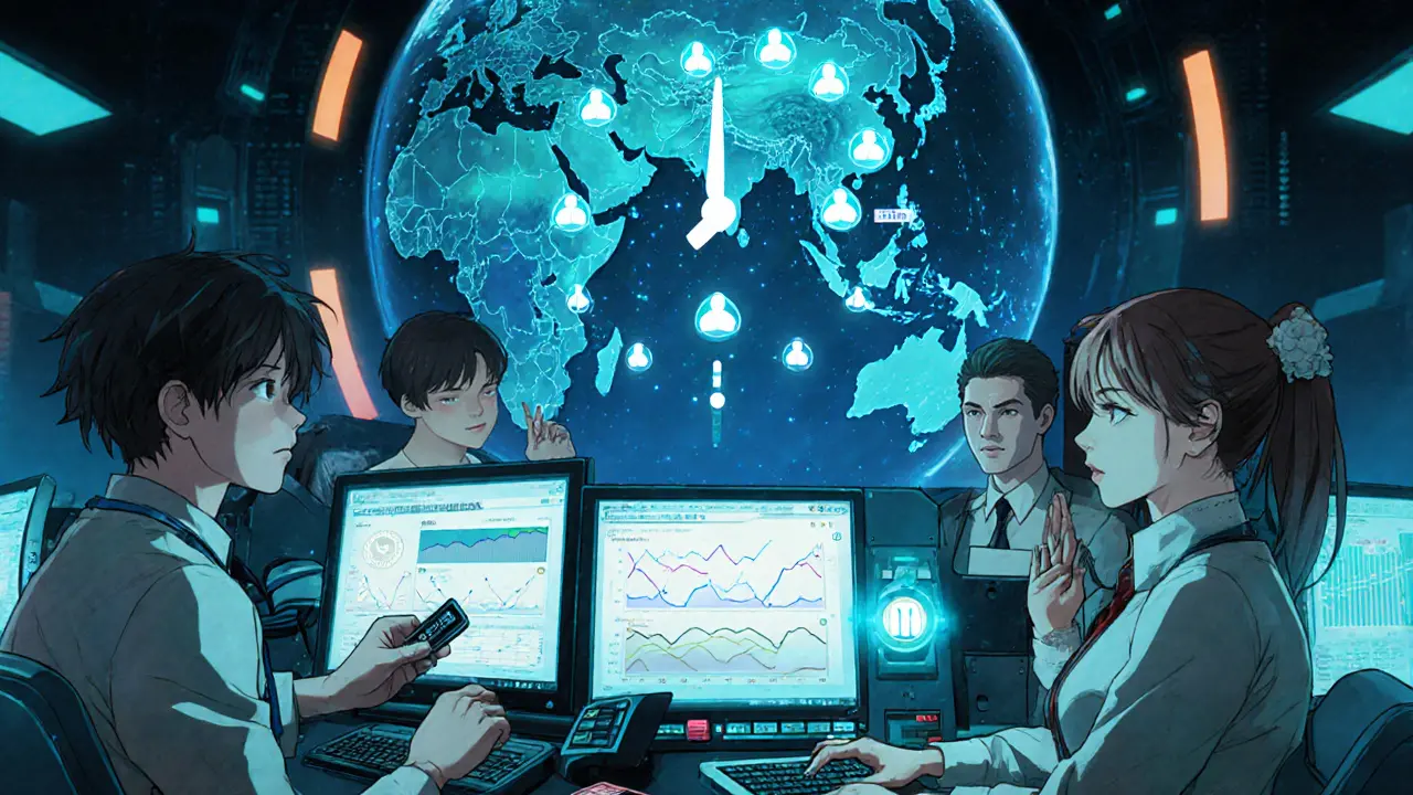 Team in a command center performing a recovery drill with YubiKey, biometric scanner, and holographic alerts.