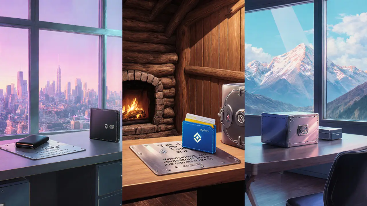 Three different hardware wallets on desks in a loft, cabin, and office with metal seed backups.