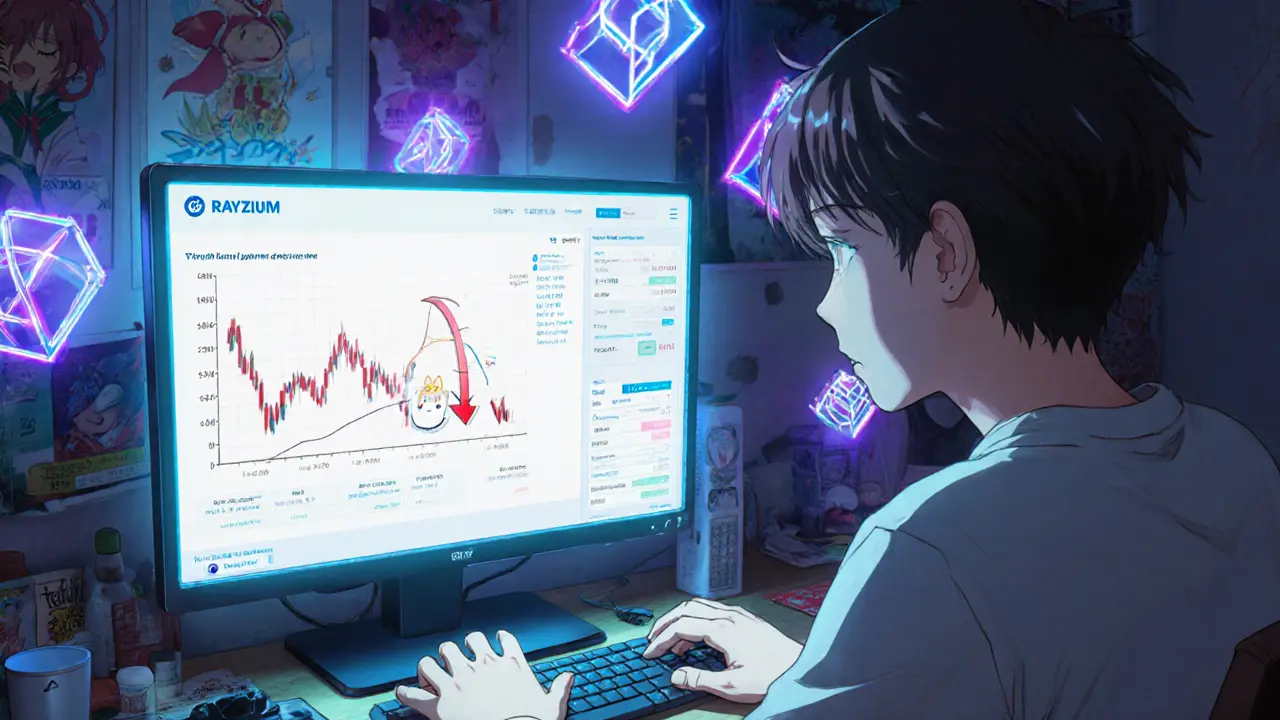 Anime‑style person using a computer to trade SKITTEN on Raydium with low volume chart.