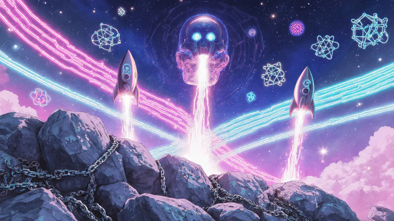 Futuristic scene of layered blockchains with AI and quantum symbols representing next‑gen finality.