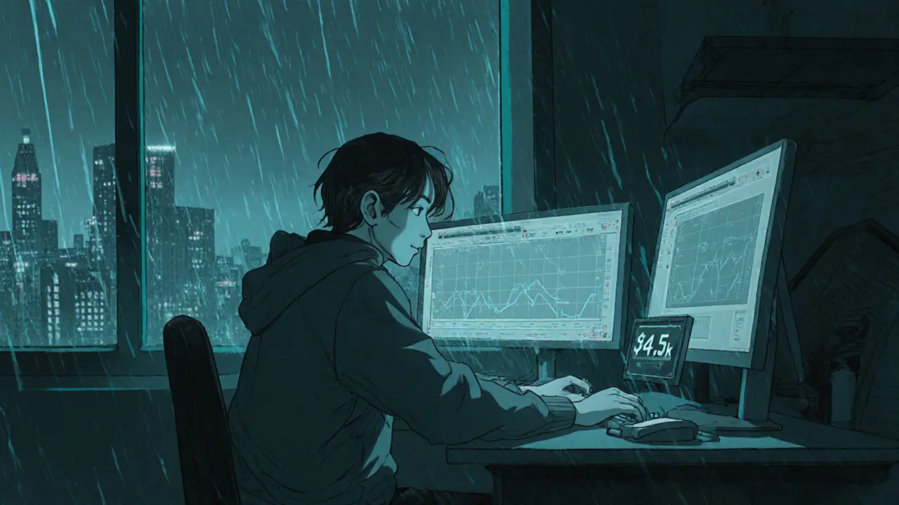 Hacker at a dim desk viewing low SNM market data, conveying risk and uncertainty.
