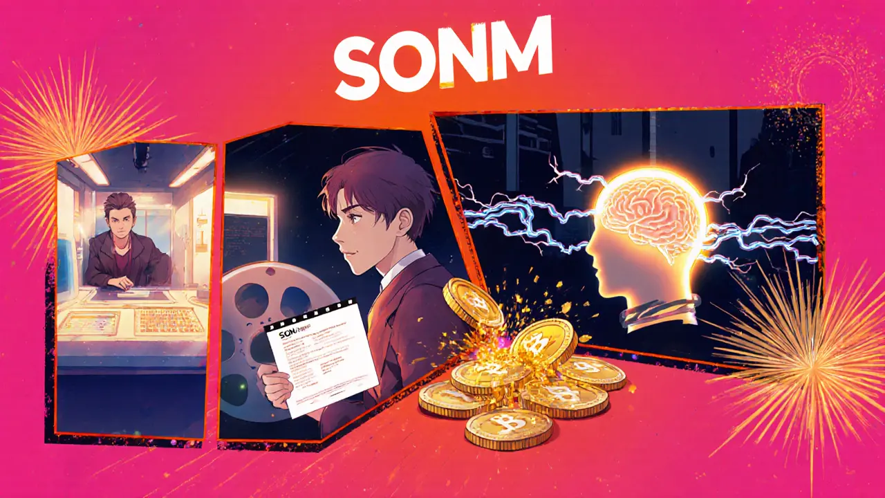 Panel sequence showing a provider listing hardware, a job request, matching engine, and SNM payment.