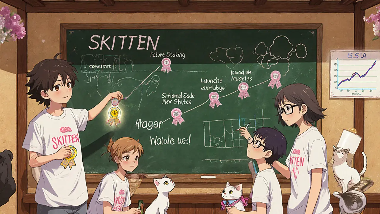 Rescue center scene with kittens receiving SKITTEN ribbons and a roadmap board.