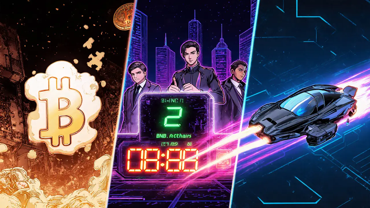 Three blockchain networks side by side: Bitcoin miners, BNB validators, and Sei&#039;s ultra‑fast nodes.