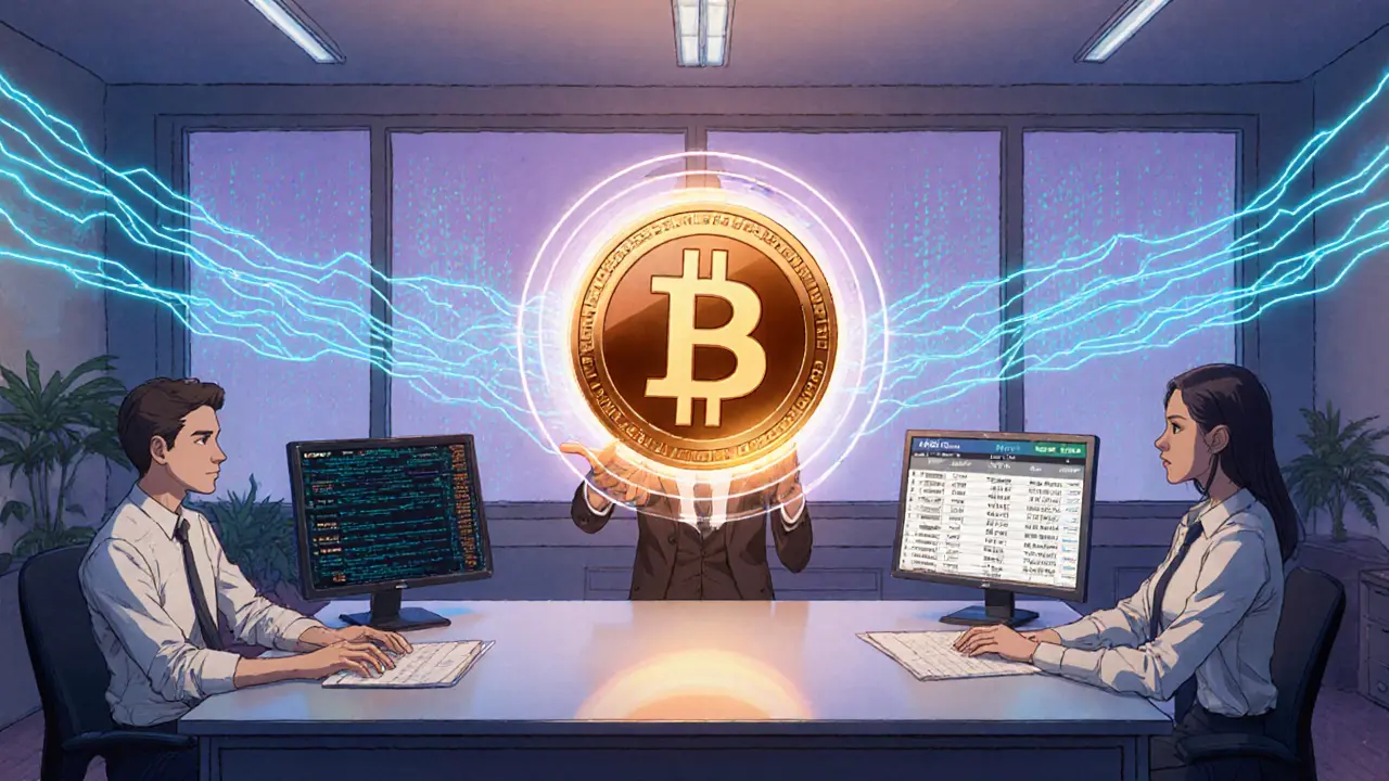 Entrepreneur presents a glowing Bitcoin hologram while teammates view stablecoin payroll in a futuristic office.