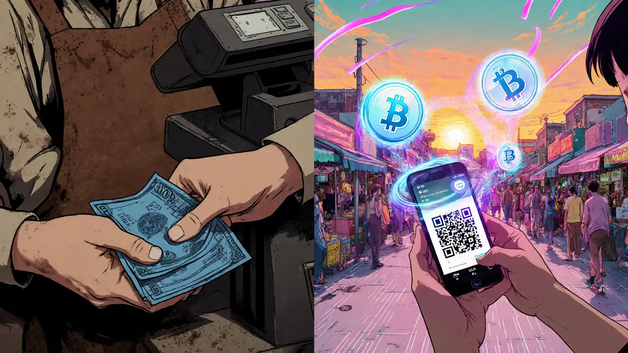 Market vendor compares blue dollars with QR code stablecoin transaction, colorful icons swirl on the right side.
