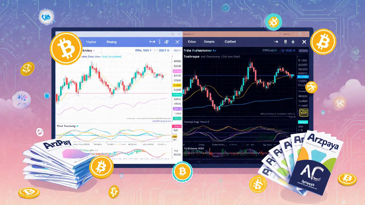 Split-screen view of simple and professional ARzPaya trading interfaces, surrounded by cryptocurrency icons and educational magazines.