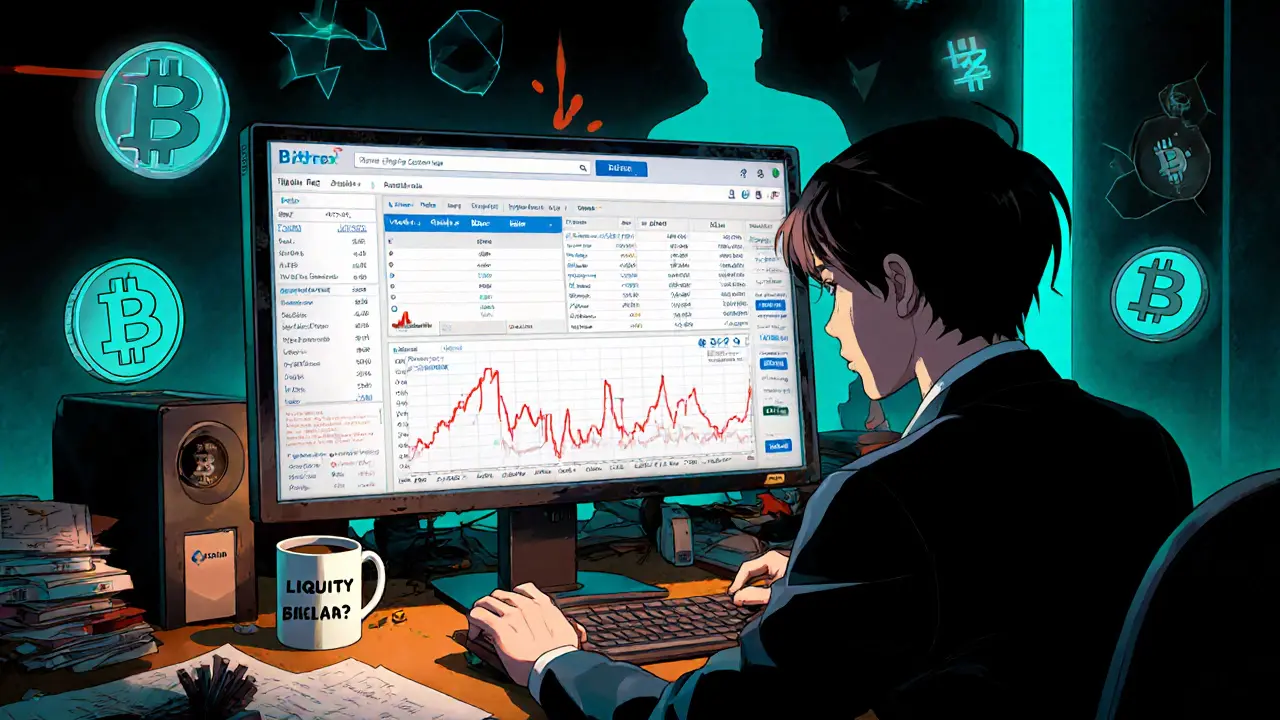 Trader staring at a thin order book and slippage chart on a retro‑styled Bittrex screen.