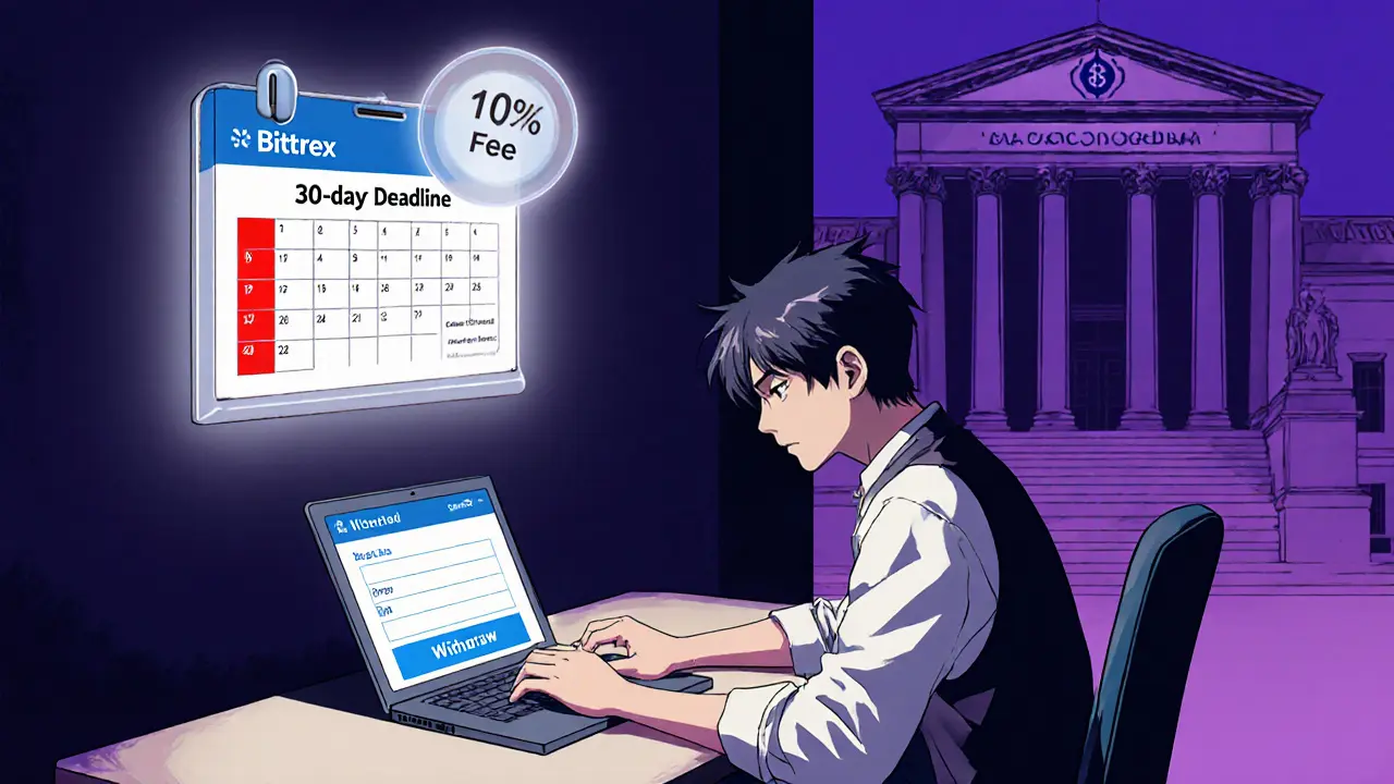 User preparing a withdrawal ticket with a looming 1% fee icon and courtroom backdrop.