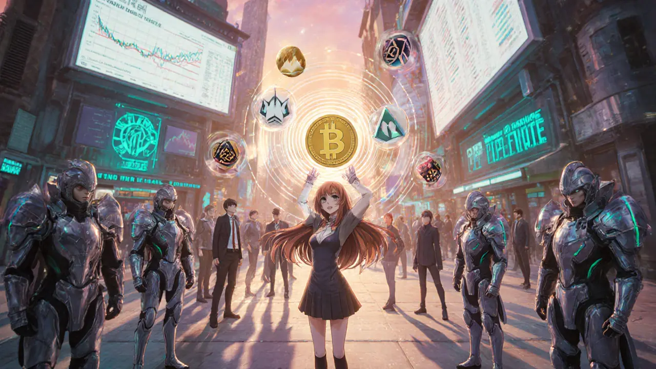 Anime market scene with WBTC token expanding to other blockchains and custodians nearby.