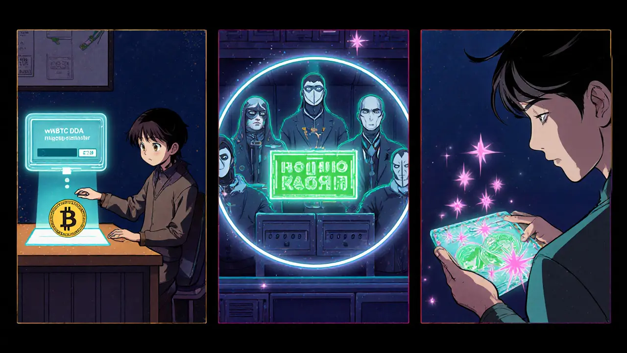 Storyboard panels showing Bitcoin sent to a custodian, DAO minting WBTC, and wallet receipt.