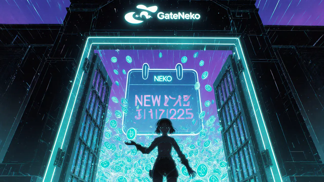 Anime heroine receiving glowing NEKO tokens from an open Gate.com portal.