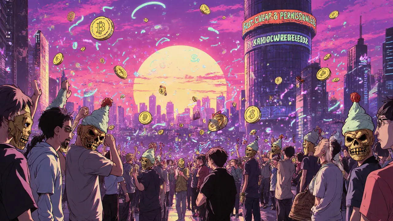 Community plaza with fans in zombie masks, floating tokens, and a futuristic Mantle skyline.