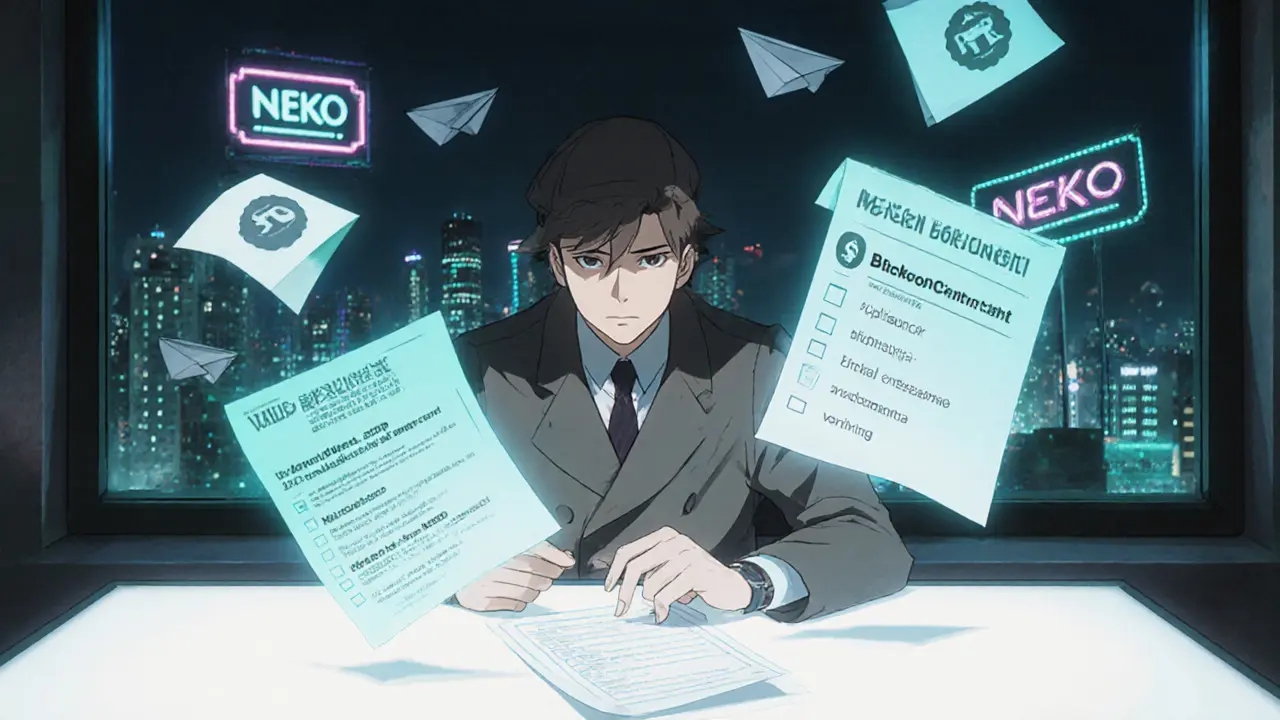 Detective figure checking holographic security documents for a NEKO airdrop.