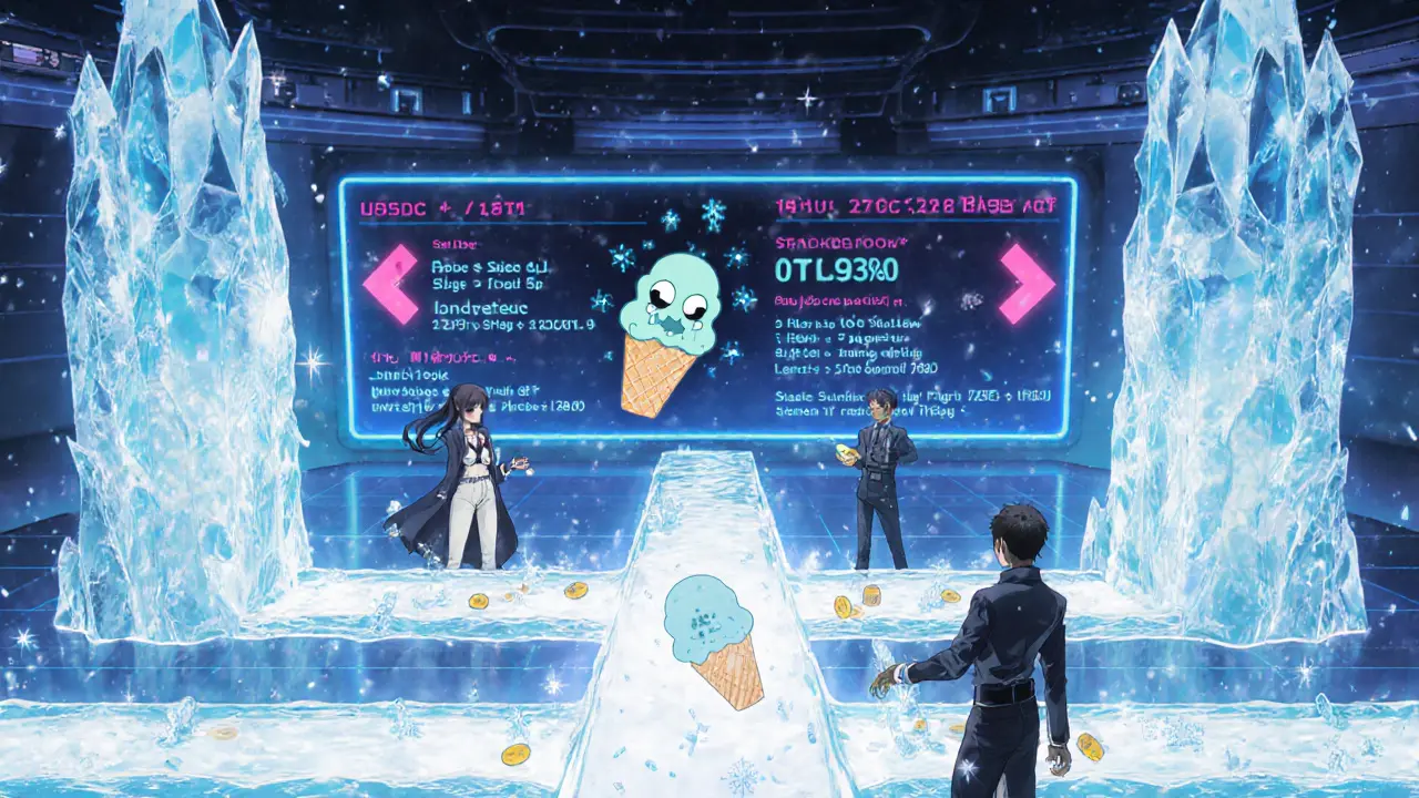 Frosty exchange floor with narrow liquidity bands, staking pools, and hovering zombie NFTs.