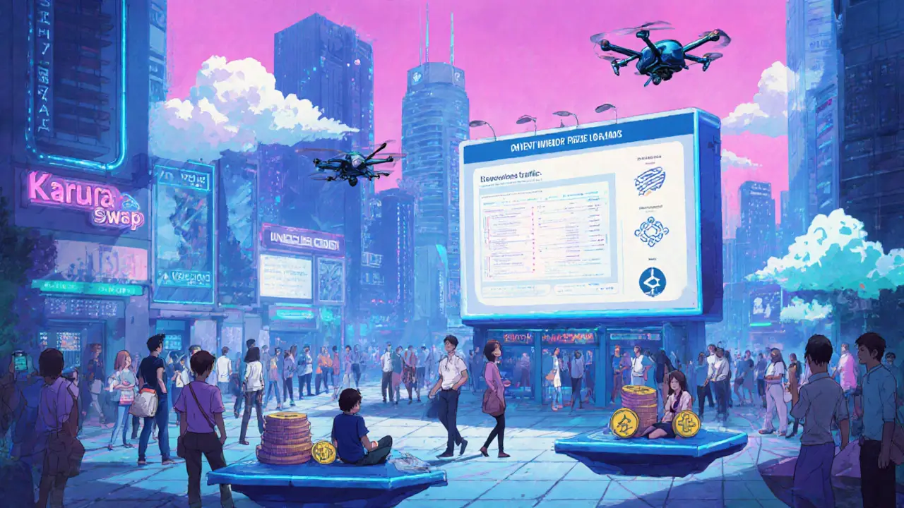 Futuristic city plaza showing Karura Swap&#039;s upgraded UI and community trading.