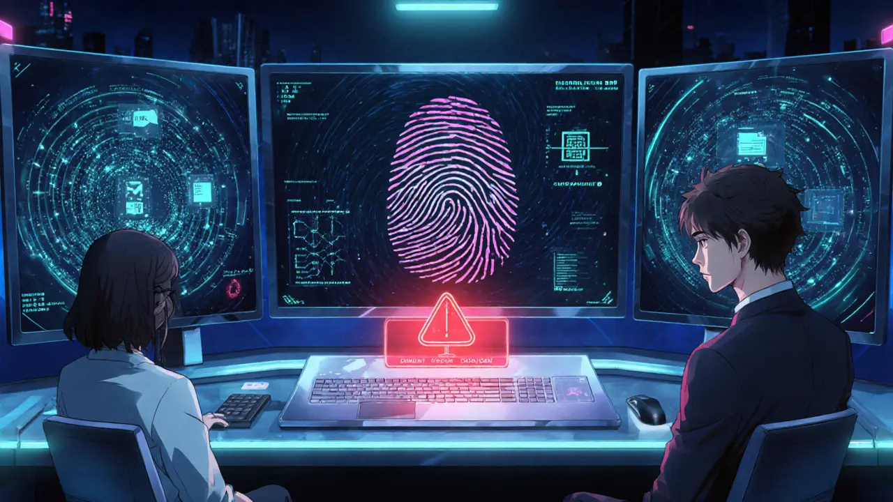 Futuristic security hub shows AI fingerprinting and risk alerts over a trader.
