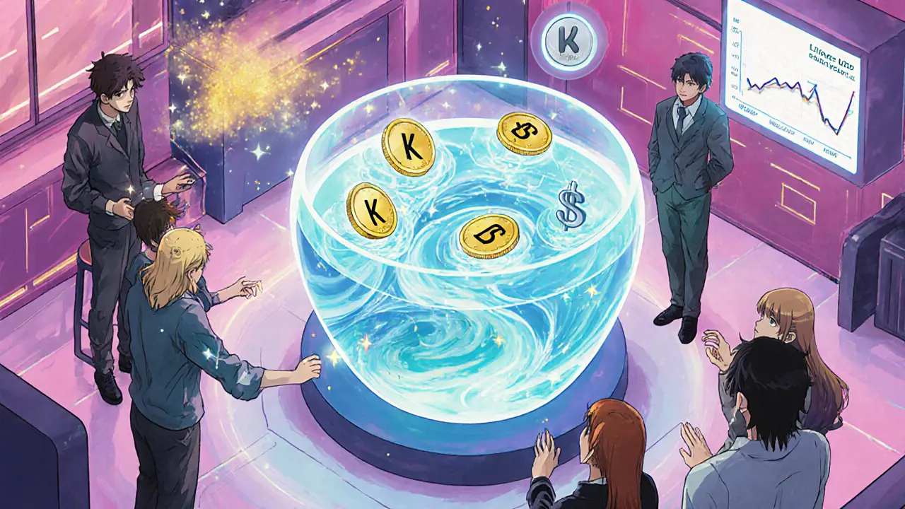 Liquidity providers around a glowing token pool earning dual rewards.