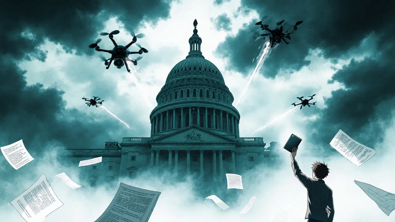 Person holds a hardware wallet before a looming government building with surveillance drones.