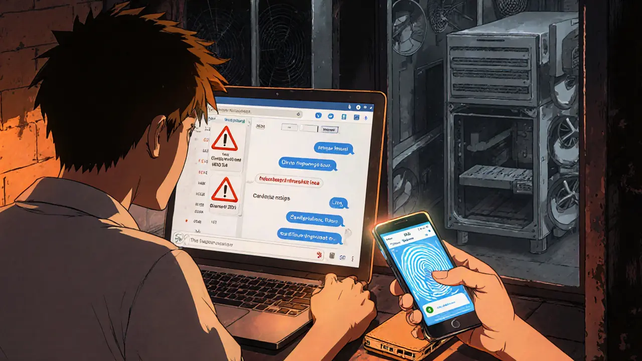 Trader using a laptop, Telegram chat, biometric scanner, and hardware wallet near hidden mining rig.