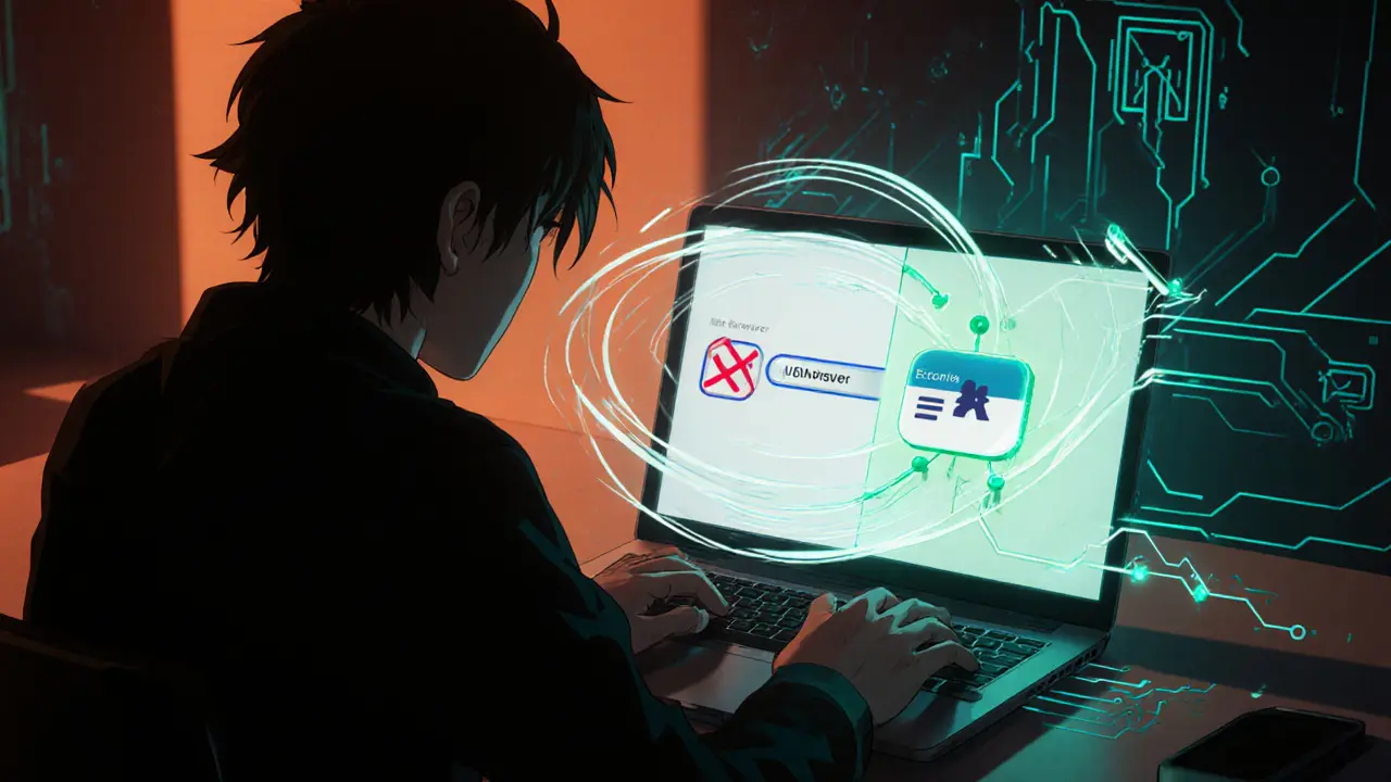 User switches from a blocked US IP to an Estonian VPN on a glowing laptop.