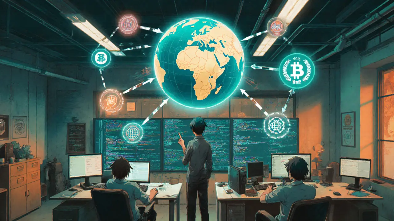 Developers in a Delhi office working on XML code and blockchain data flow.