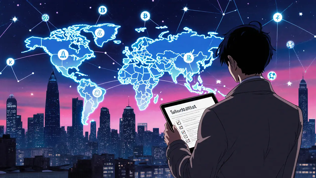 Dusk cityscape with glowing data streams linking India to the world for crypto tax compliance.