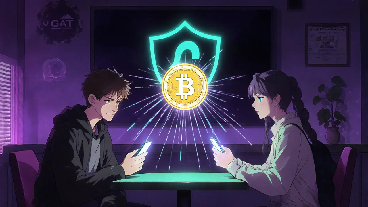 Retro‑anime illustration of friends sharing referral links with a token shield symbol.