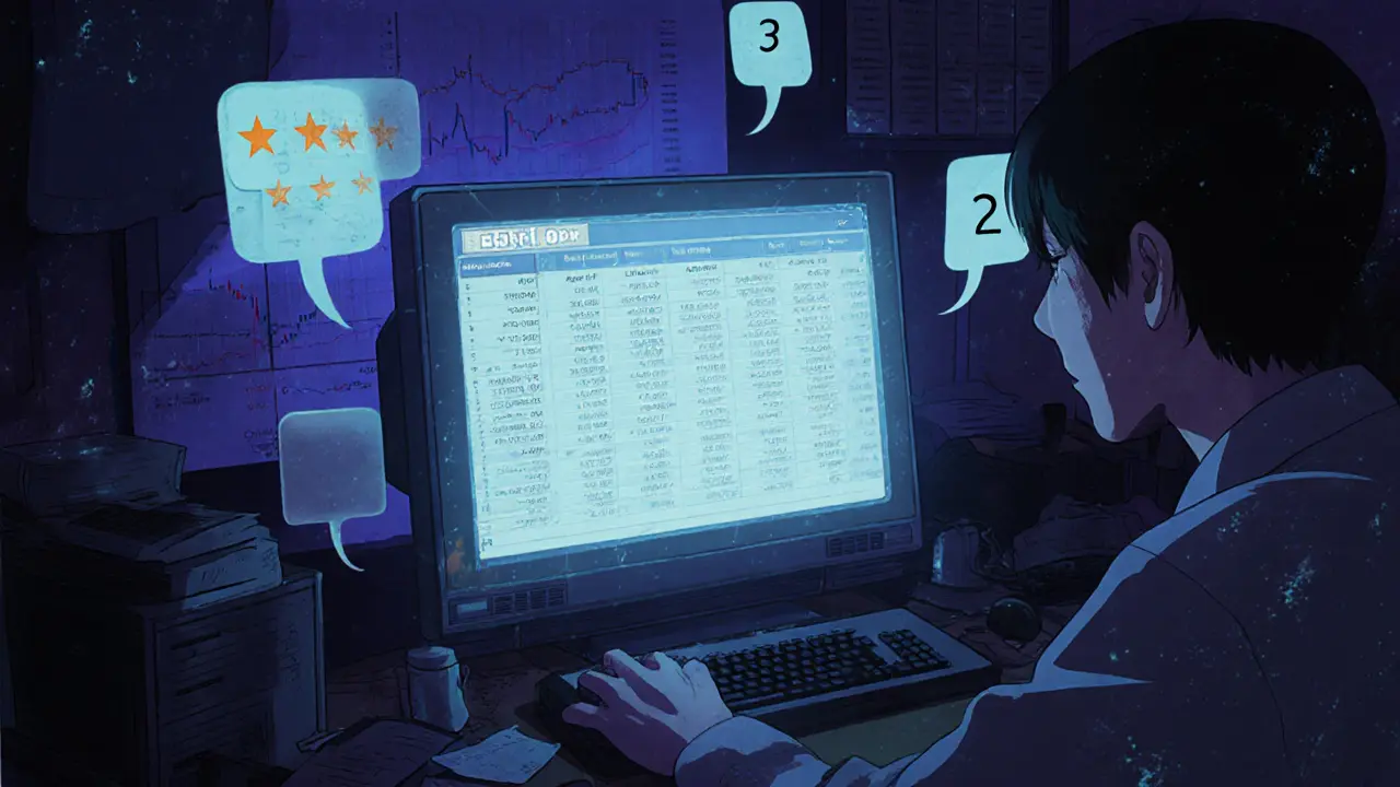 Analyst looks at empty EtherFlyer dashboard with ghostly order book and low review count.