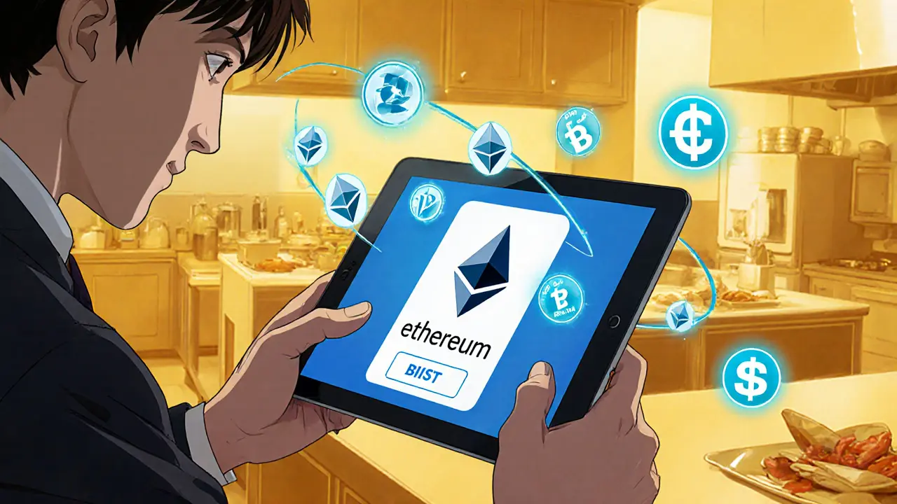 Restaurant manager approving a crypto payment on a tablet with holographic icons.