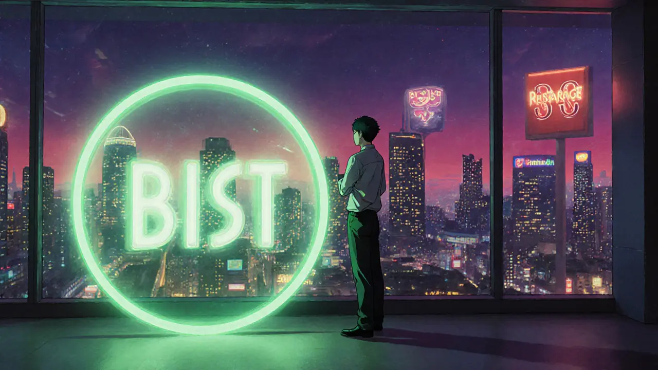 Restaurant owner with a floating BIST emblem looking at a futuristic city skyline.