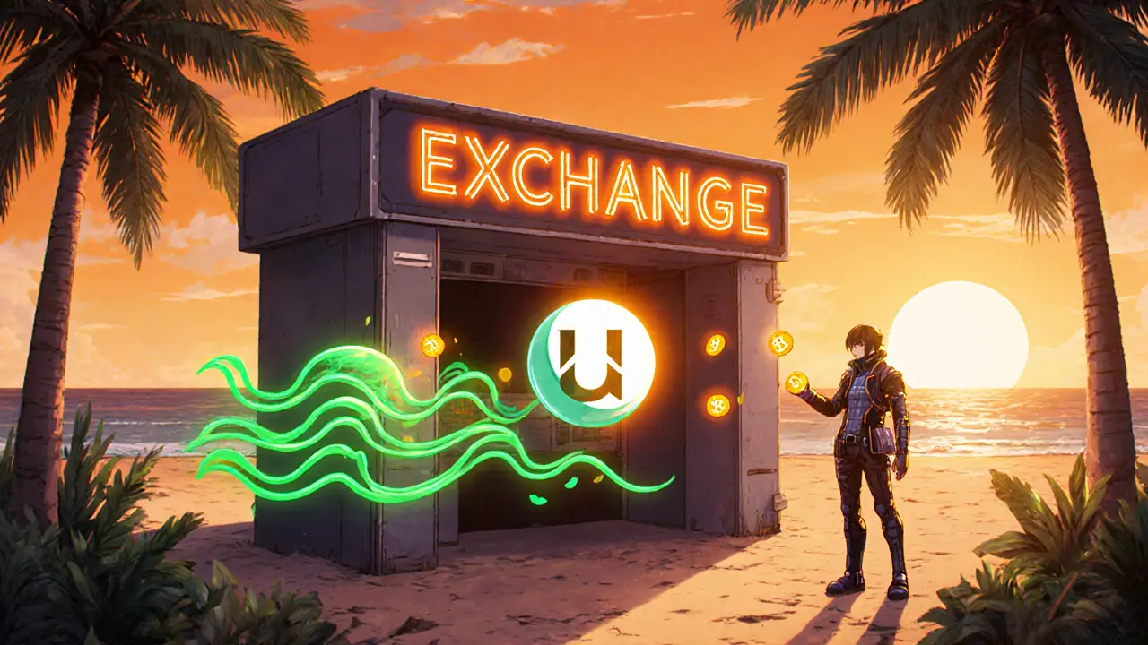 User moves tokens from EtherFlyer to Uniswap as a neon &#039;Closed&#039; sign glows on the beach.