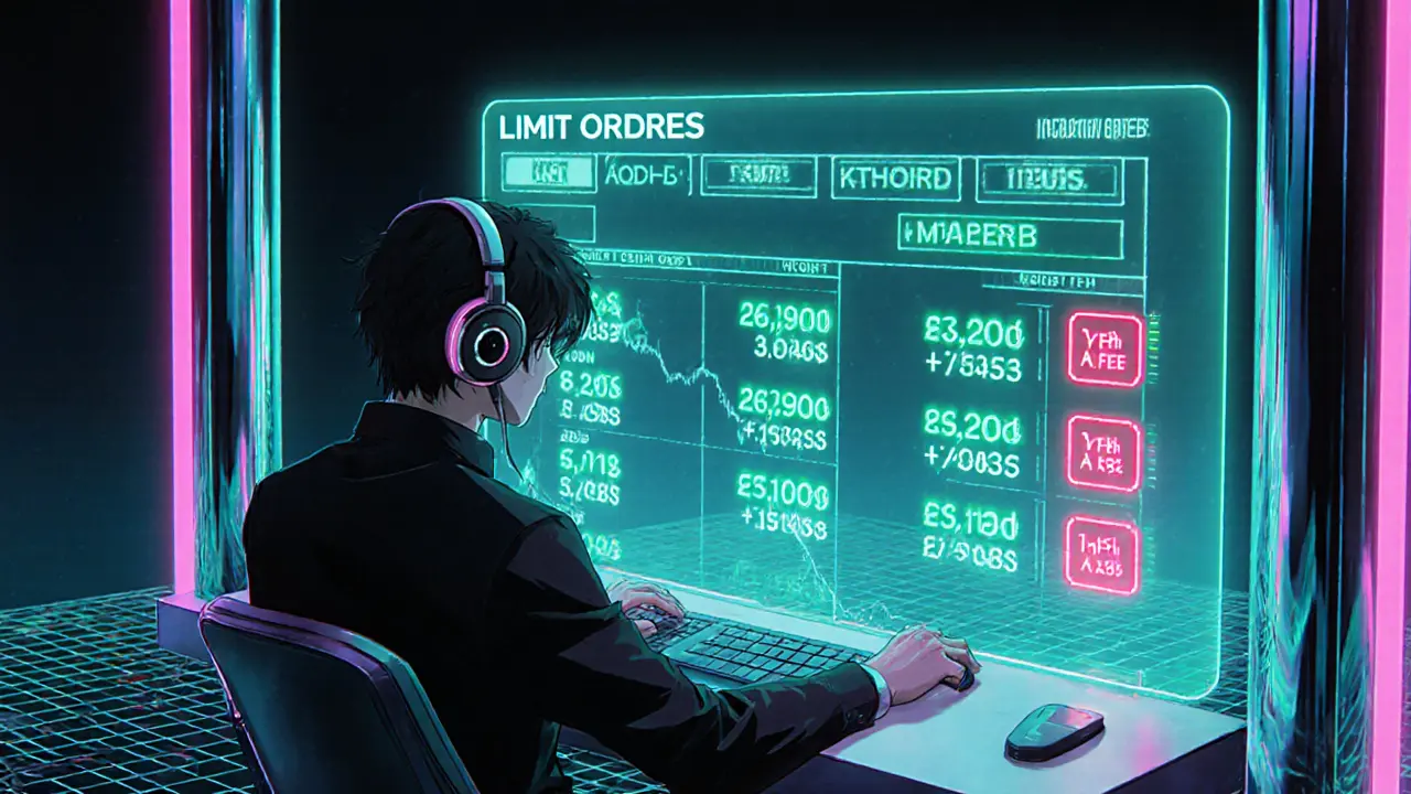 Algorithmic trader uses a holographic order book, green rebate symbols for maker orders and red taker fees.