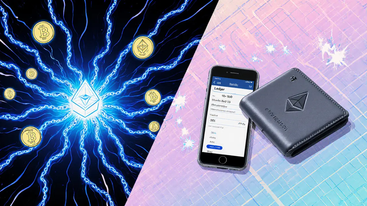 Animated plasma settlement with glowing tokens and a hardware wallet beside.