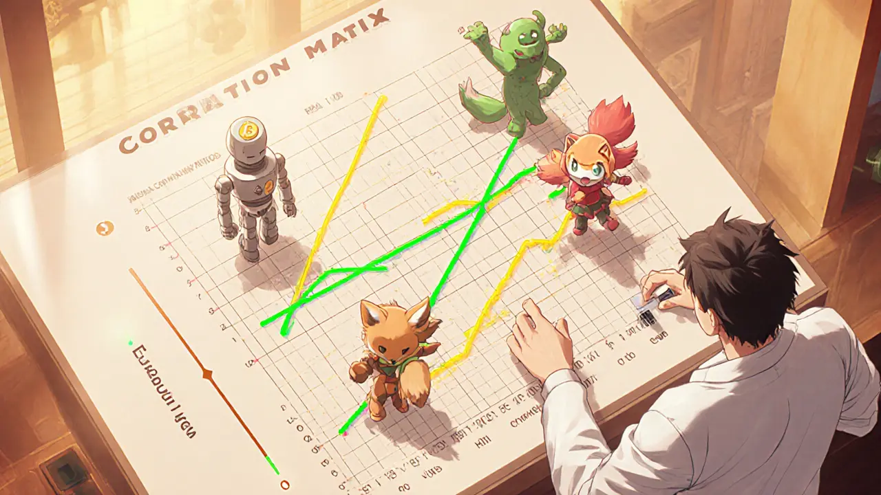 Anime characters representing crypto assets on a correlation matrix with colored lines indicating low and high correlation.