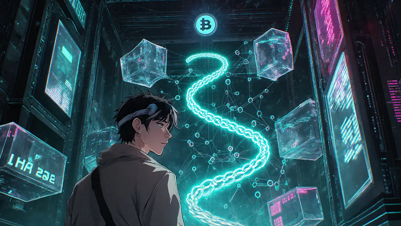 Anime miner beside glowing SHA-256 hash chain and Merkle tree within a blockchain scene.