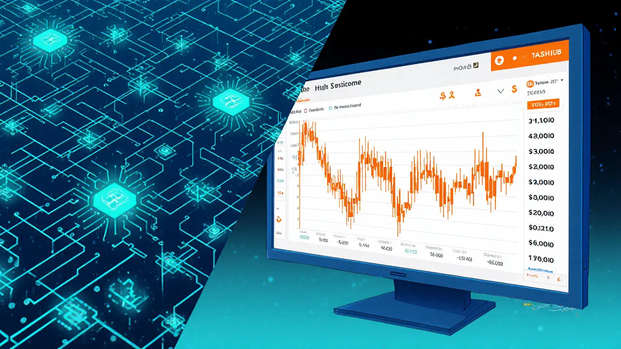 Anime scene showing Solana network nodes and a volatile TASSHUB price chart.