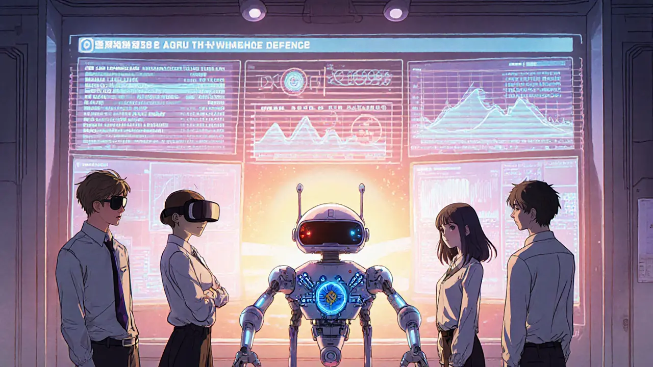 Anime team monitoring secure crypto exchange dashboards with AI and hardware modules.