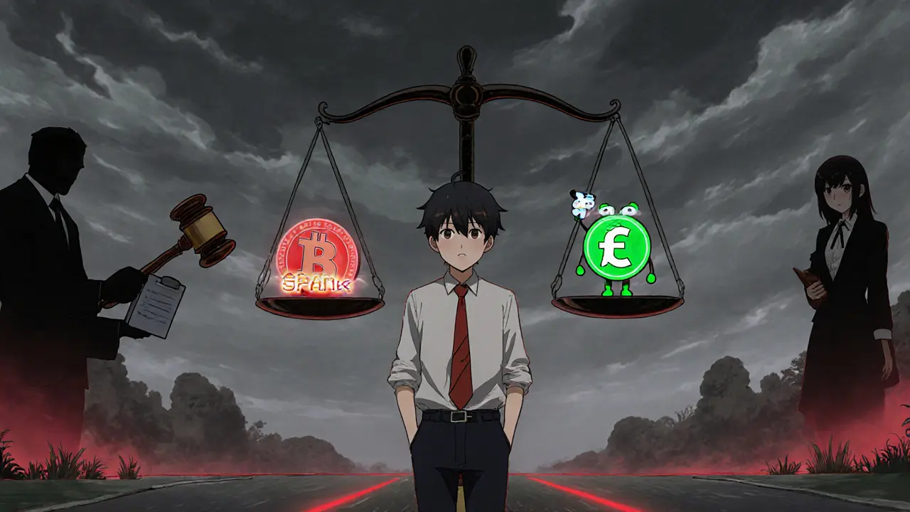 Anime trader weighing risks and competitors beside a regulatory figure.