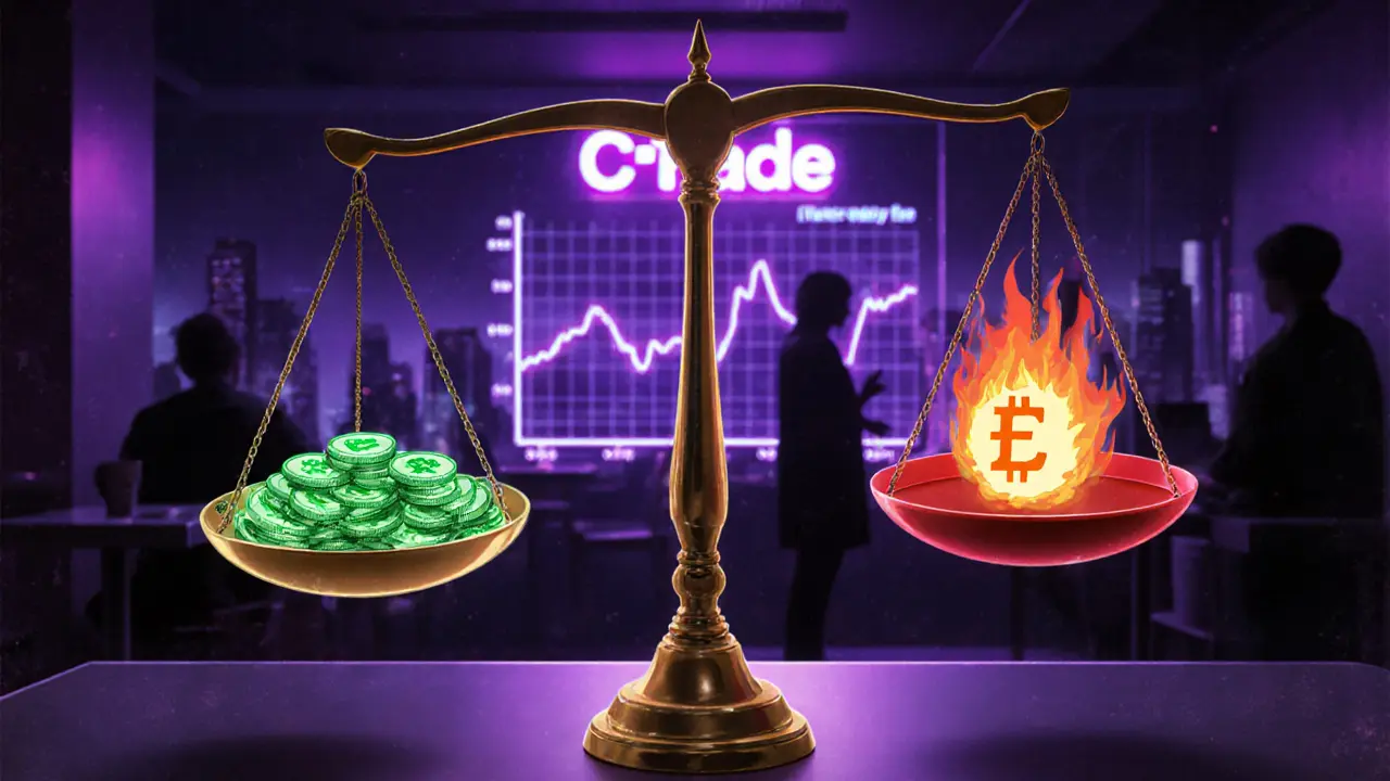 Balancing scales depict C‑Trade pros (green coins, low withdrawal fee) versus cons (red taker fee, retail trader).