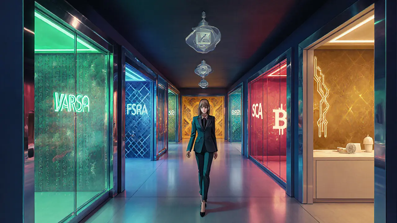 Businesswoman walks through five colorful chambers symbolizing UAE crypto regulators.
