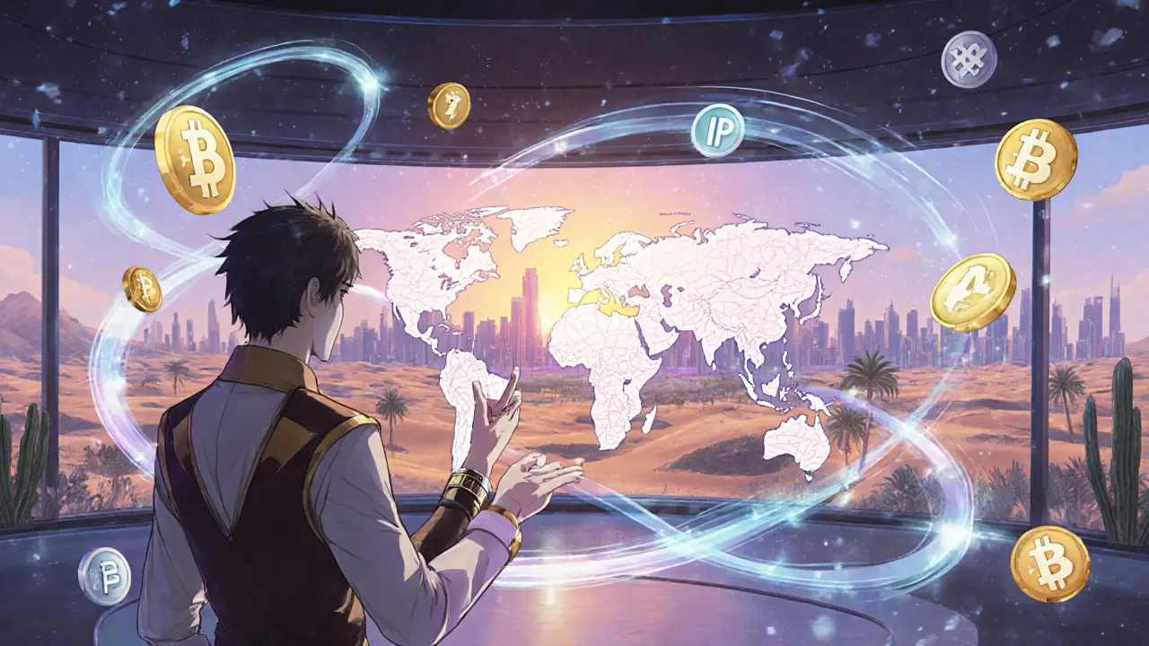 Crypto pioneer displays holographic token map amid swirling digital symbols in a futuristic hall.