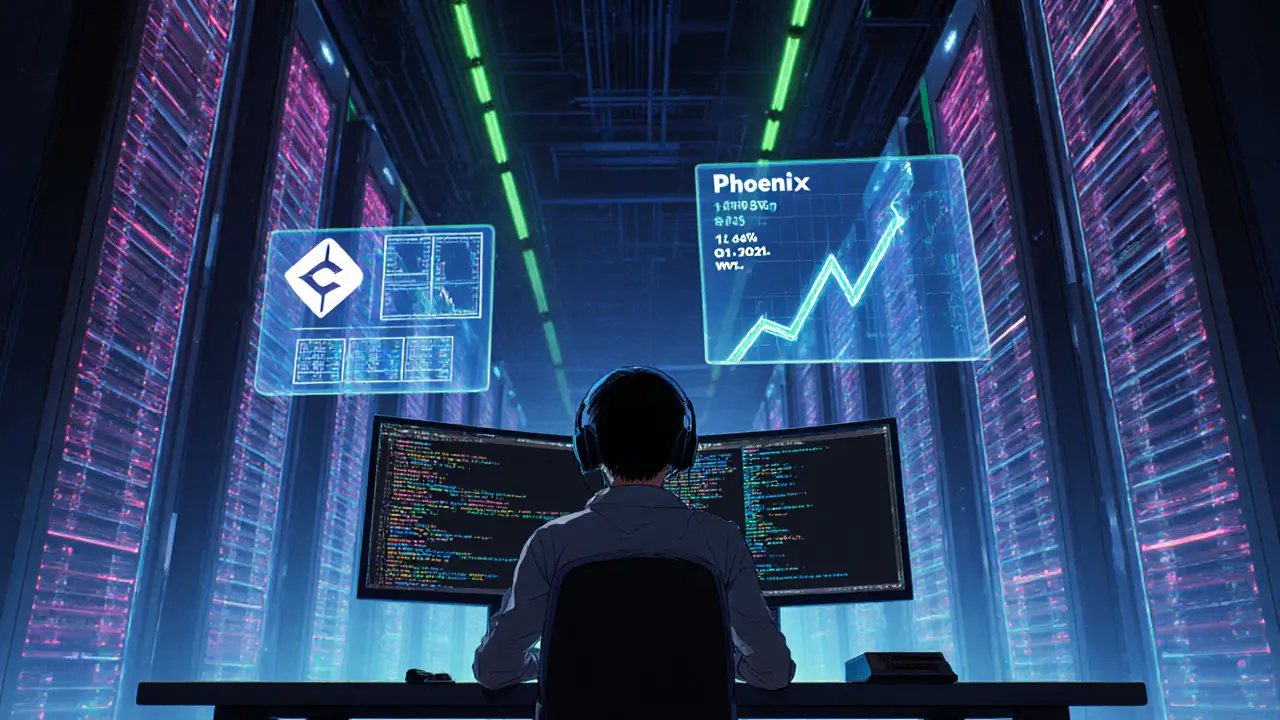 Developer surrounded by servers and holographic charts showing massive trading volume growth.