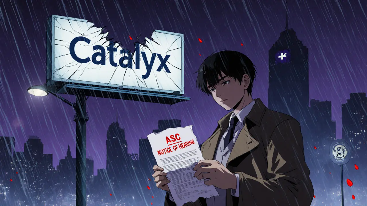 Executive stands in rain under broken Catalyx billboard, holding legal notice amid dark city.