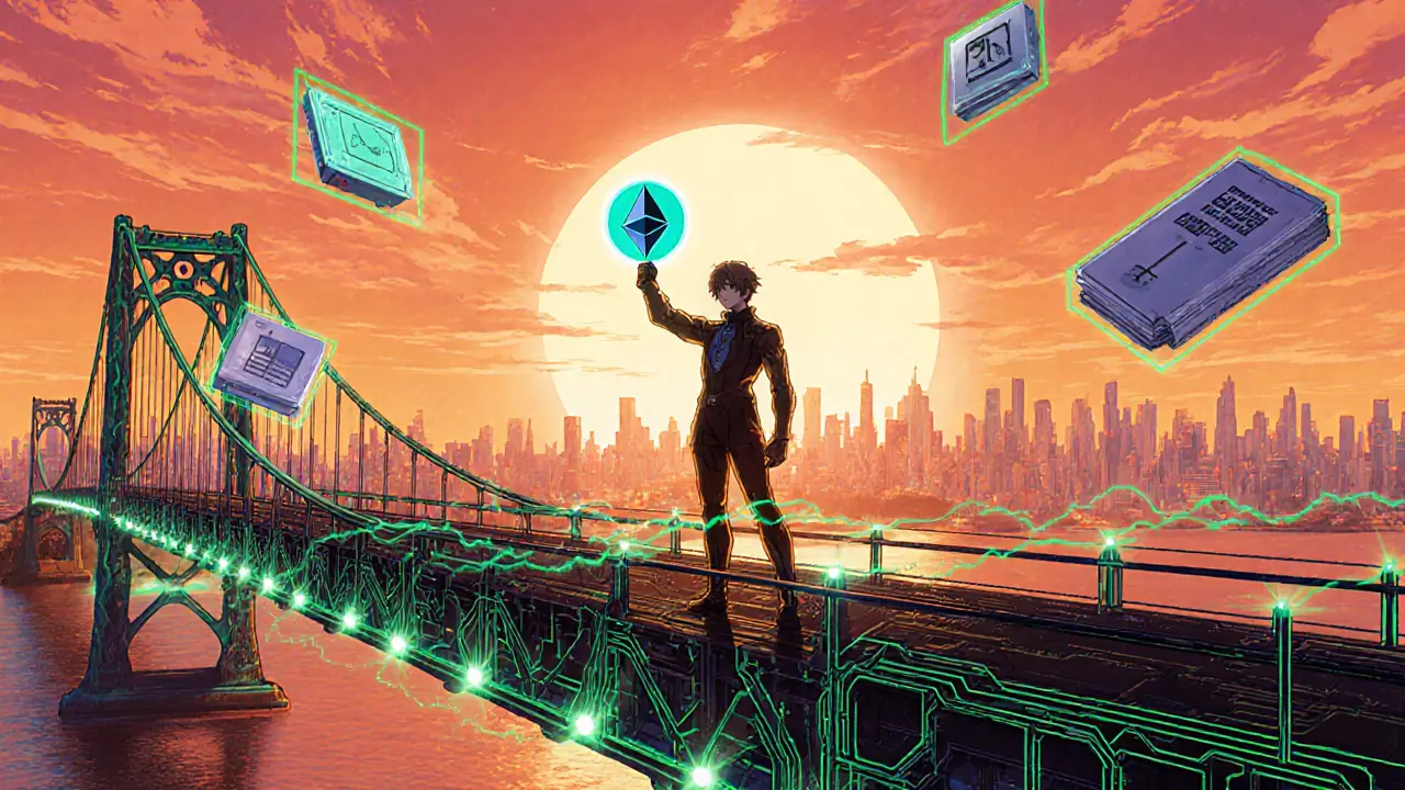 Futuristic Cardano‑Ethereum bridge with hero holding governance token and voting holograms.