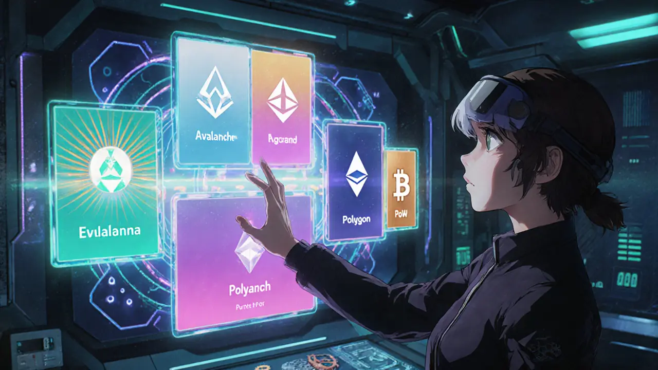 Futuristic control room with glowing holographic icons for six blockchains and animated consensus symbols.