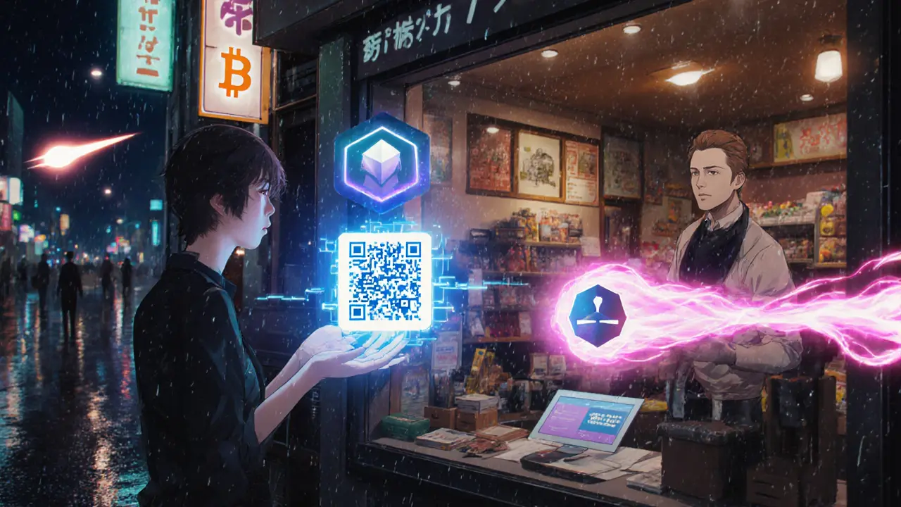 Nighttime shop where a customer pays with QR code, fast lights reach Solana and Polygon, Bitcoin appears as a distant comet.